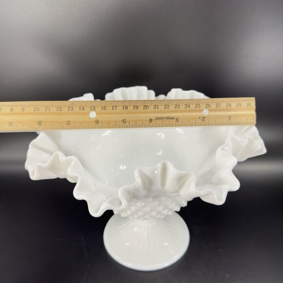 Fenton White Hobnail Footed Compote Ruffled Rim Edges Pedestal Bowl Dish Vintage - Picture 6 of 16